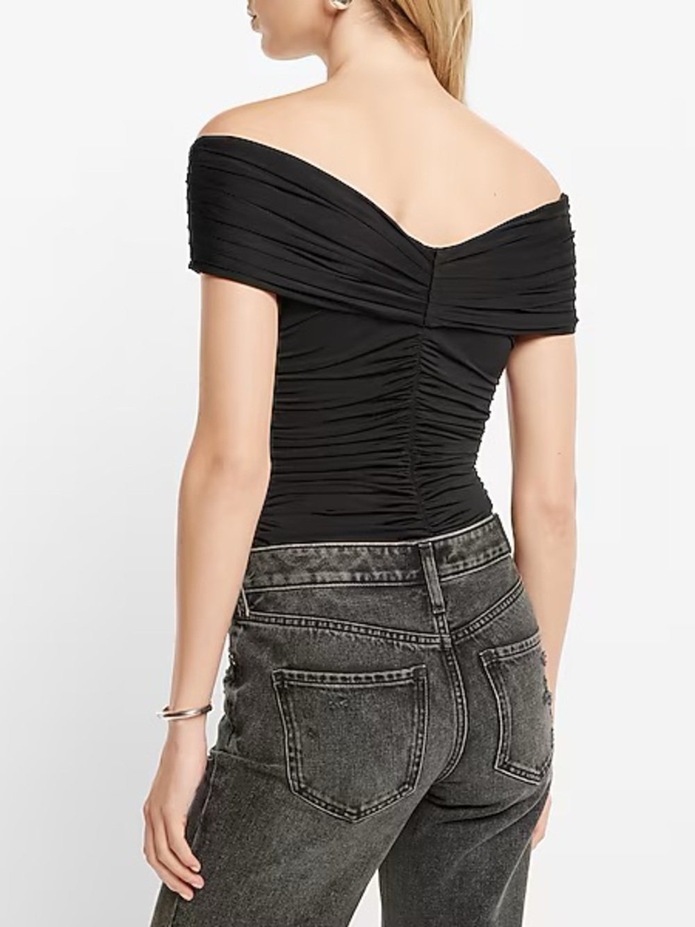Express Body Contour Compression Silky Off Shoulder Ruched Bodysuit small black - Picture 4 of 9